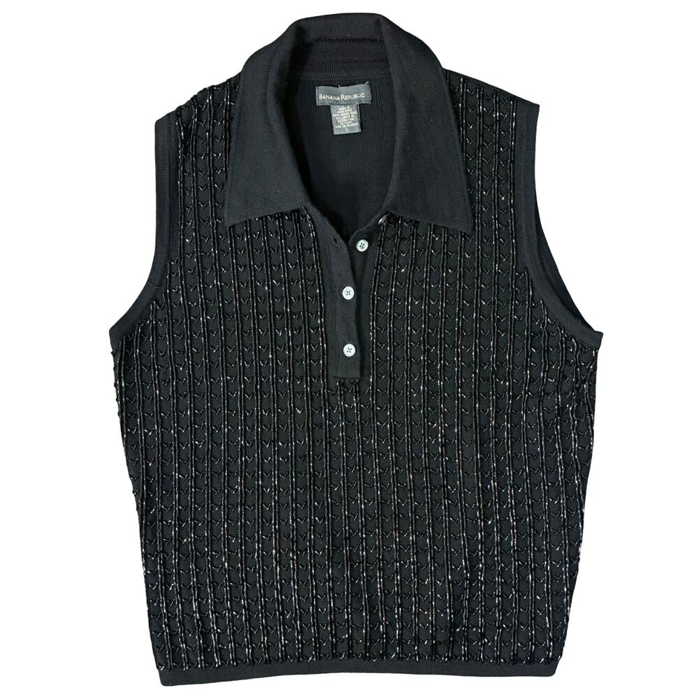 Vintage Banana Republic Black Merino Wool Beaded Sleeveless Polo Sweater Tank L